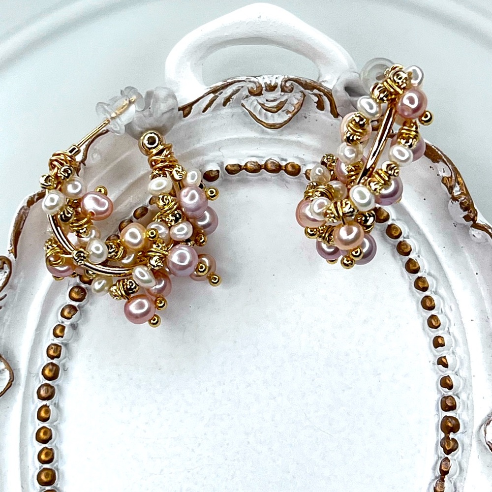 Handmade Freshwater Pearl Hoops Earrings S925 SS Posts
Champagne White